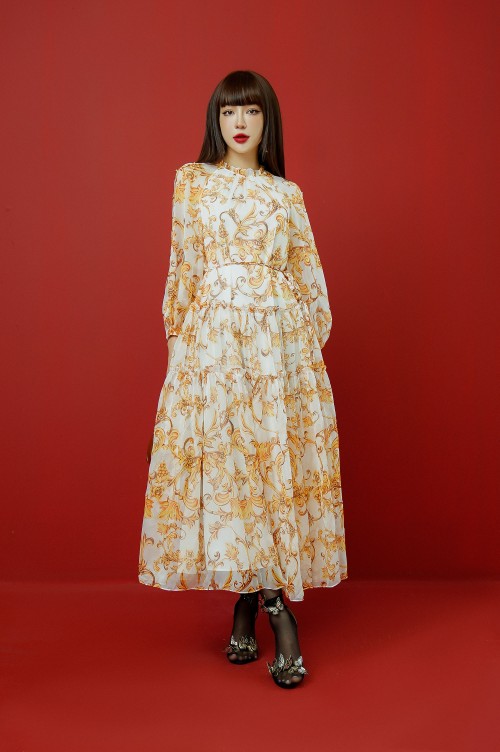 Sixdo White Baroque Print Tiered Maxi Voile Dress